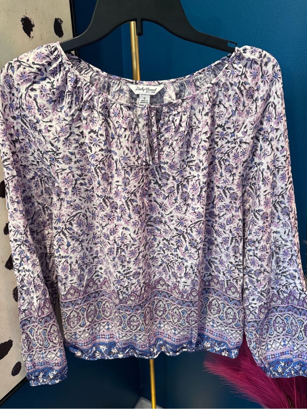 Lucky Brand Lavender and Navy Floral Peasant Blouse